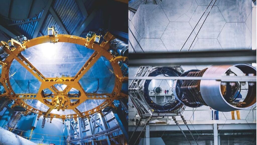 Subaru Telescope mirror handling equipment (left) and the hexagonal, adaptive mirror segments of Keck 1 telescope with humans for scale (right). 