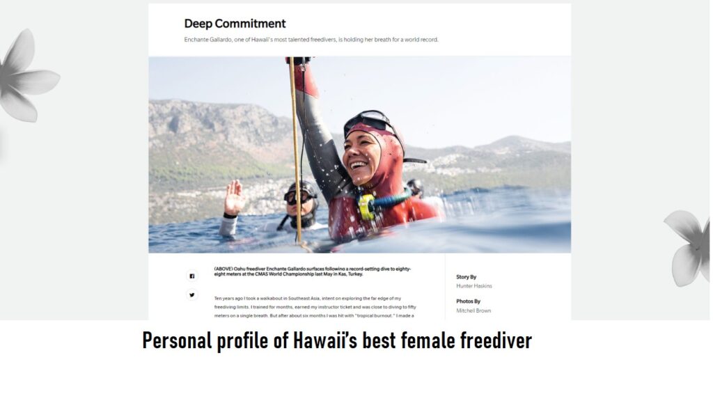 Enchante Gallardo of Makaha, Oahu, Hawaii, Westside is close to being a world record freediver / apneist / freedive instructor